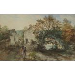 J.THOMAS (NINETEENTH CENTURY) WATERCOLOUR DRAWING River landscape with stone bridge, figures and