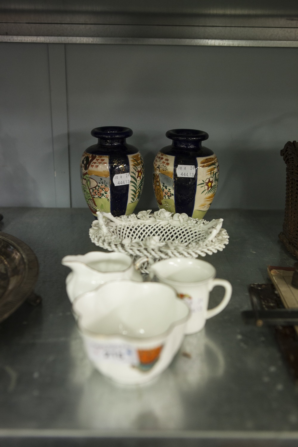 PAIR OF JAPANESE SMALL VASES WITH COBALT BLUE GROUND, CRESTED WARE, A SHELLEY BOWL AND JUG, '