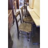 NINETEENTH CENTURY OAK SINGLE DINING CHAIR WITH RUSH SEAT, AND FOUR OTHERS, (5)