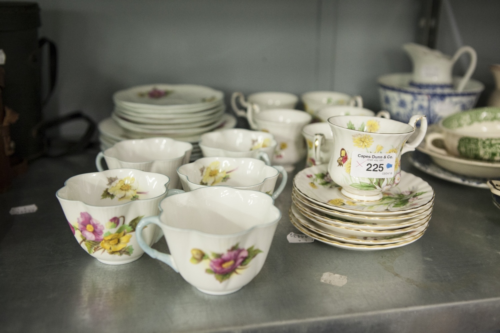 SHELLEY FLORAL CHINA TEA SERVICE FOR SIX PERSONS, 17 PIECES (ONE CUP MISSING) AND SIX ROYAL ALBERT