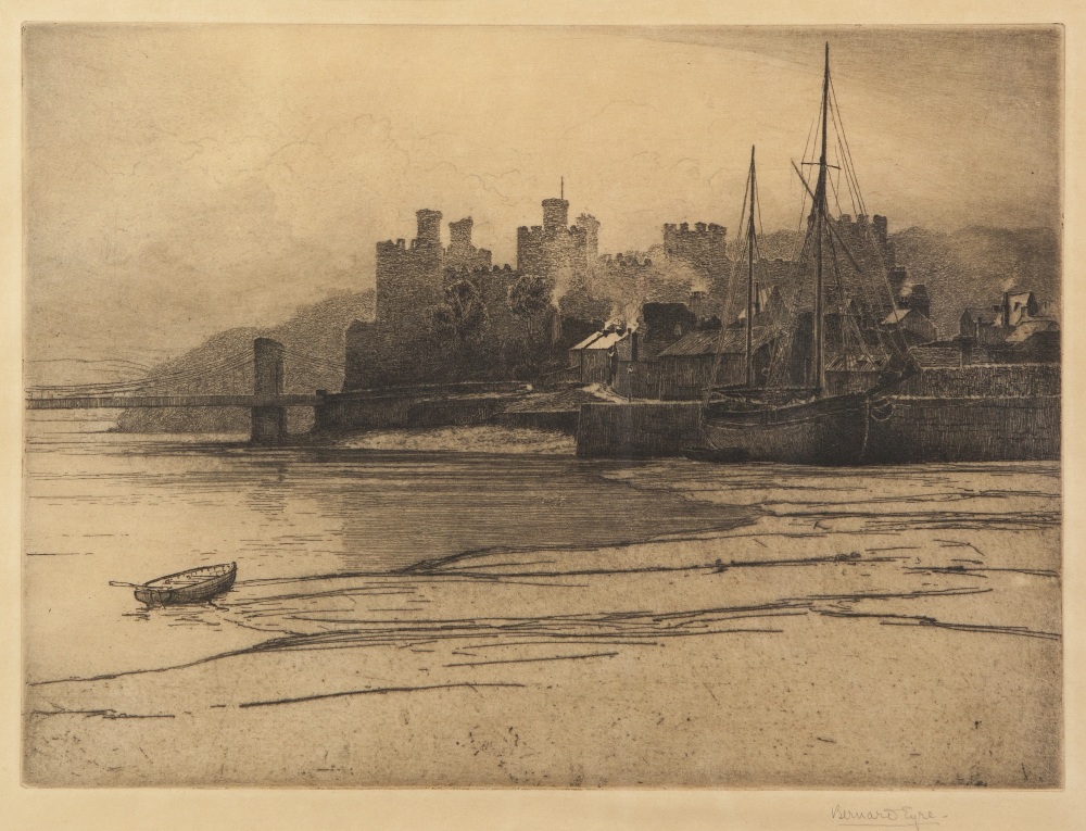 BERNARD EYRE ARTIST SIGNED ETCHING Conway Castle with moored fishing boat in the fore ground 8 ½"