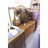 A MAHOGANY AND INLAID DRESSING TABLE WITH CENTRAL SWING MIRROR AND A MATCHING DOUBLE BEDSTEAD (2)