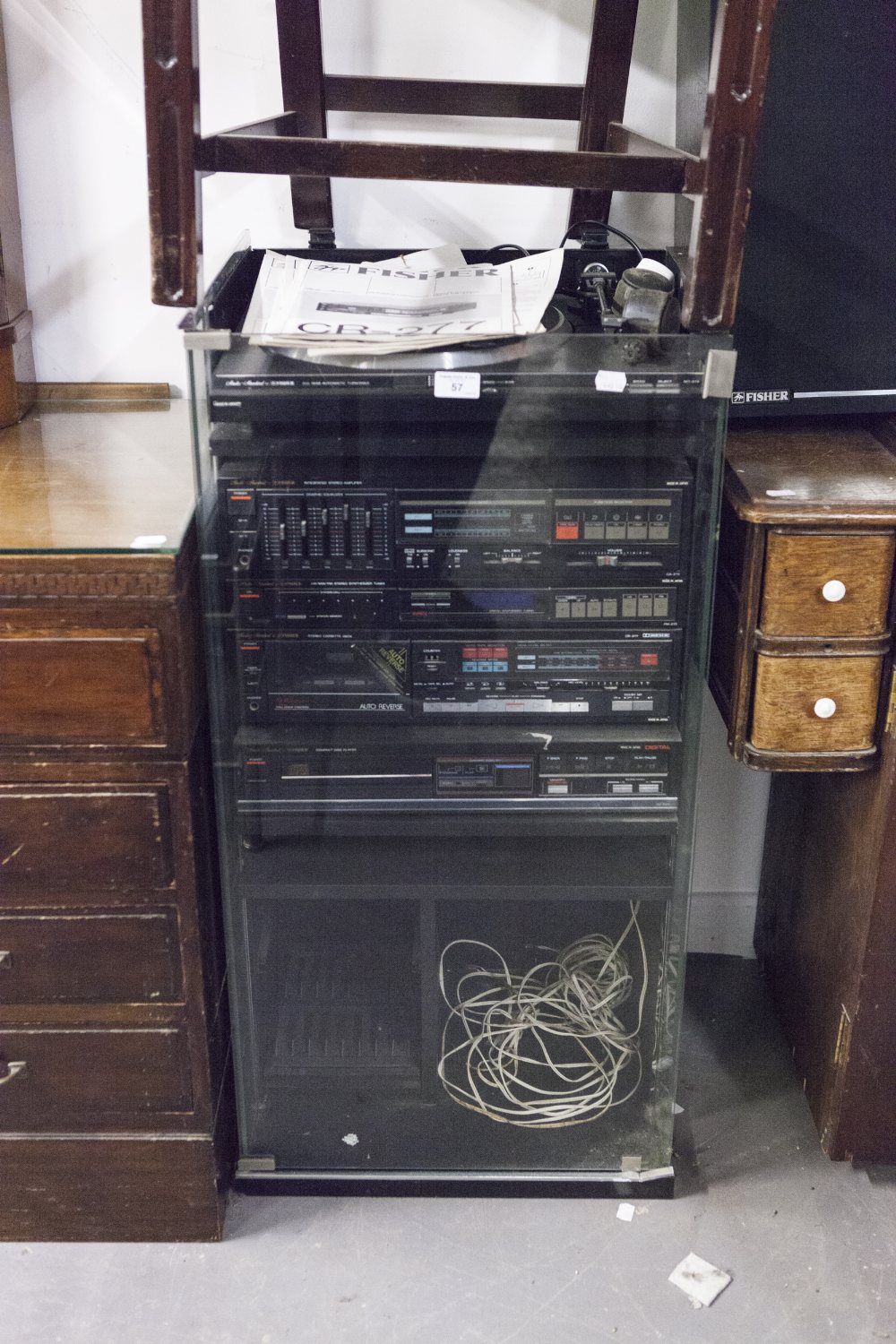 FISHER STACKING HI-FI SYSTEM IN GLAZED CASE AND A PAIR OF SPEAKERS