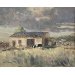 MARY WAUGH (TWENTIETH CENTURY) OIL PAINTING ON BOARD 'Cow Leazes, Henshaw, 1980' Signed, titled