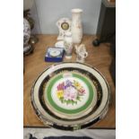 A PORCELAIN MANTEL CLOCK, A LARGE FAIENCE CIRCULAR DISH AND SUNDRY CERAMICS