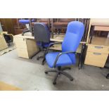 A BLUE FABRIC COVERED REVOLVING OFFICE CHAIR; A SIMILAR ARMCHAIR AND ANOTHER OFFICE CHAIR (3)