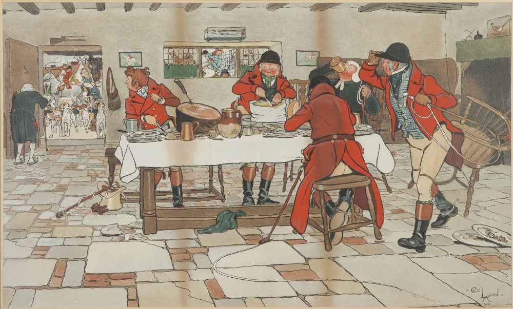 AFTER CECIL ALDIN 1900 COLOUR PRINT Interior with huntsmen taking a sneaky meal 14" x 23" (35.5 x