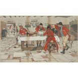 AFTER CECIL ALDIN 1900 COLOUR PRINT Interior with huntsmen taking a sneaky meal 14" x 23" (35.5 x