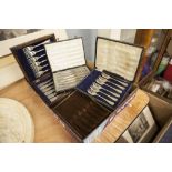 OAK CASED SET OF SILVER PLATED FISH KNIVES AND FORKS, TWO OTHER BOXES WITH KNIVES AND FORKS AND