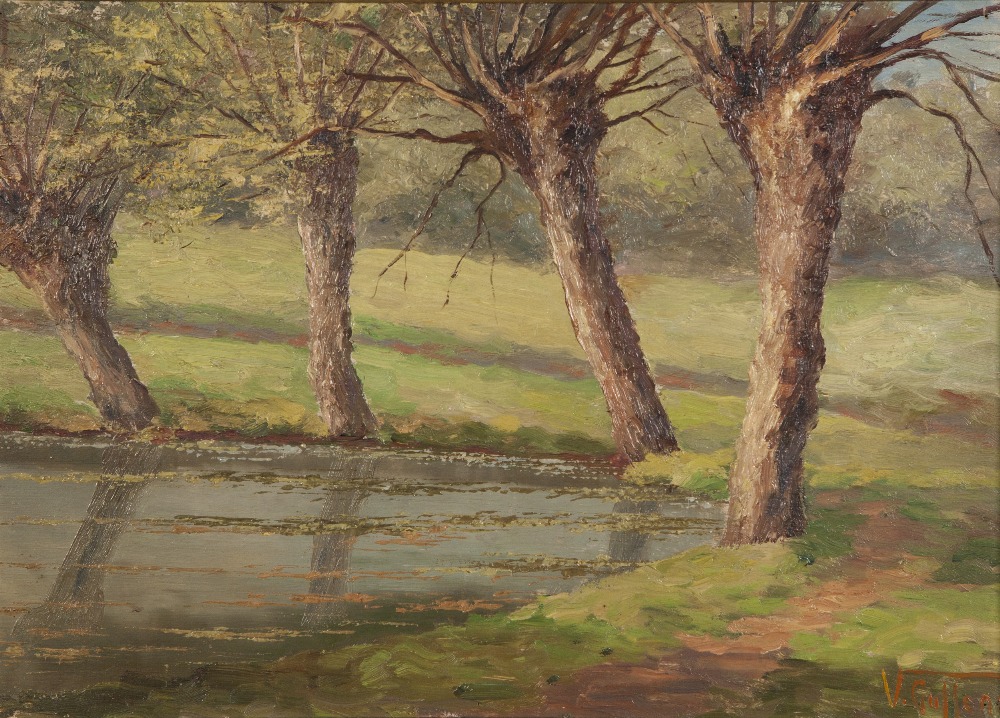 V. GULLENS (20th CENTURY) OIL PAINTING ON PANEL Rural scene, trees by a pond 10" x 13 3/4" (25.4 x