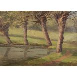 V. GULLENS (20th CENTURY) OIL PAINTING ON PANEL Rural scene, trees by a pond 10" x 13 3/4" (25.4 x