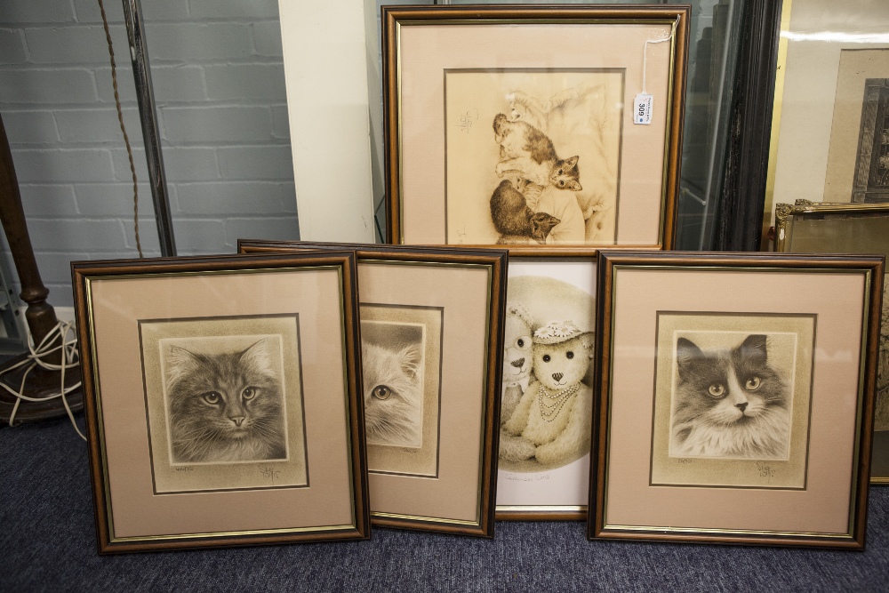 AFTER SUE WILLIS (CONTEMPORARY) FIVE FACSIMILE SIGNED LIMITED EDITION PRINTS OF CATS, VARYING SIZES