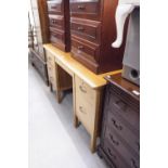 A LIGHT WOOD DOUBLE PEDESTAL DESK OF FIVE DRAWERS, 4'6" X 2' 6"