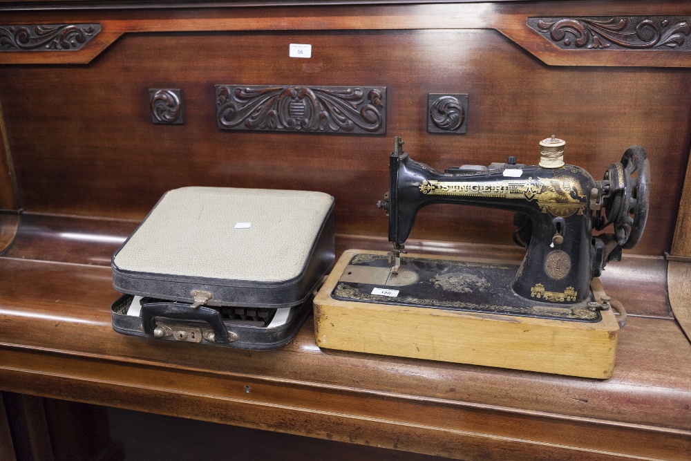 SINGER MANUAL PORTABLE SEWING MACHINE AND A LILLIPUT SMALL MANUAL TYPEWRITER IN CASE