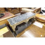 A GILT FINISH OBLONG HALL TABLE, WITH SIMULATED MARBLE TOP