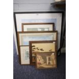 FOUR VARIOUS REPRODUCTION PRINTS AND TWO MARQUETRY WORK PANELS (6)