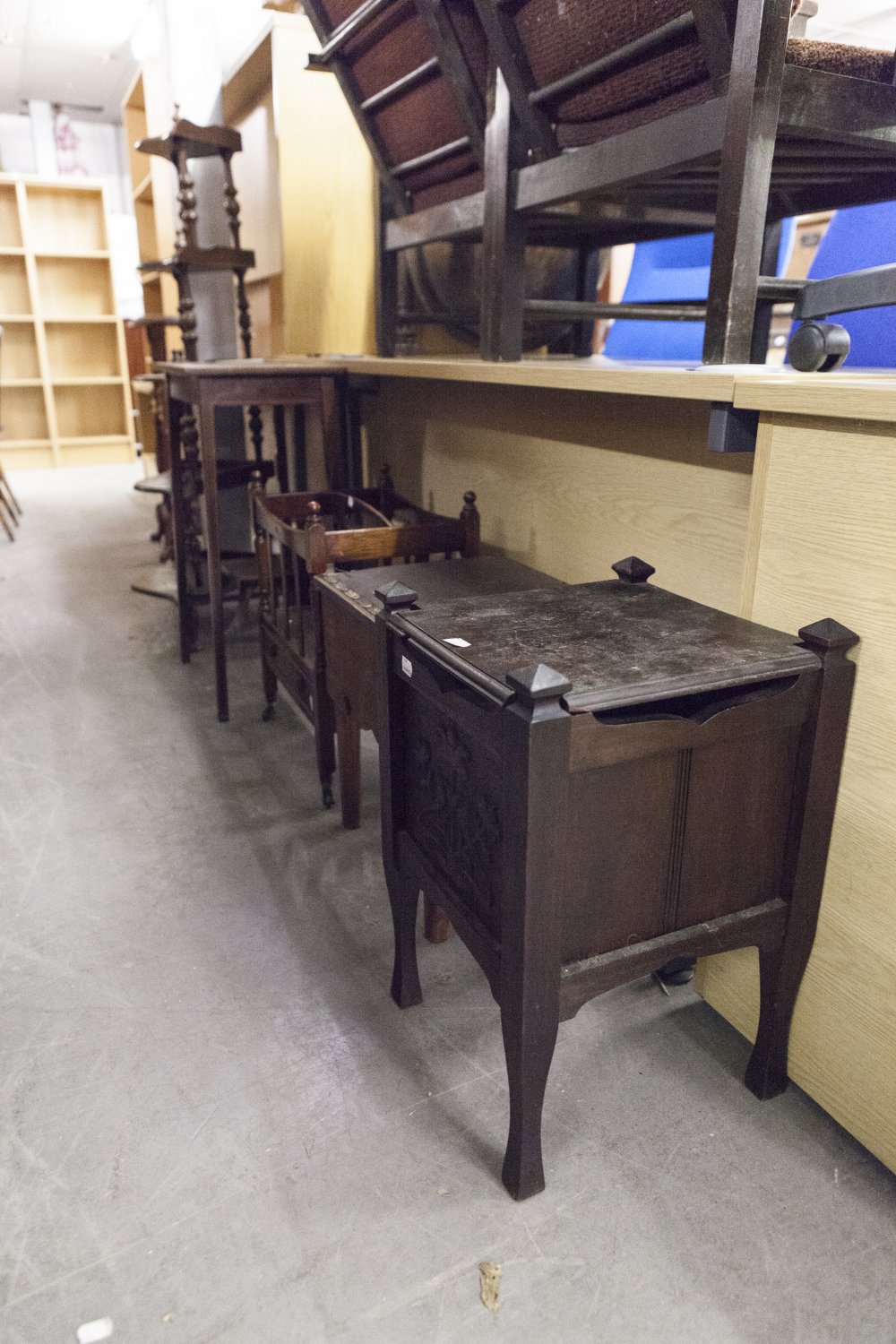 A MAHOGANY INLAID OCCASIONAL TABLE, A MAHOGANY PERIODICAL RACK, A SHOE BOX RAISED ON STRAIGHT LEGS