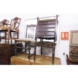 TWO CARVED OAK DINING CHAIRS AND A PIANO STOOL WITH DRAWER BELOW (3)