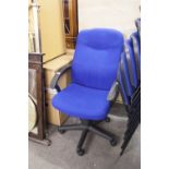 A BLUE FABRIC COVERED REVOLVING OFFICE ARMCHAIR, WITH HIGH BACK AND ANOTHER ARMCHAIR WITH LOW