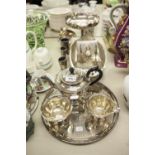 QUANTITY OF ELECTROPLATE TO INCLUDE; THREE PIECE PEDESTAL TEA SET, CIRCULAR AND PANELLED, PEDESTAL