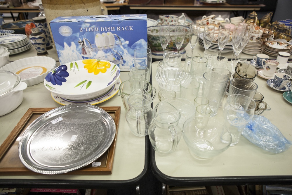 PAIR OF FAUX ELECTROPLATE SERVING PLATES, VARIOUS MOULDED GLASS EXAMPLES, A FRAME, A DRYING RACK,