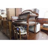 A SMALL MAHOGANY FRAMED DRAWING ROOM SETTEE, BUTTON UPHOLSTERED IN GREEN CLOTH