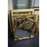 MODERN SHIELD SHAPED AND GILT FRAMED MIRROR AND TWO OTHER MODERN OBLONG WALL MIRRORS IN FANCY FRAMES