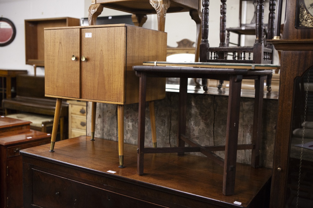 A TEAK DWARF RECORD CABINET AND A SQUARE OCCASIONAL TABLE AND A FRAMELESS WALL MIRROR