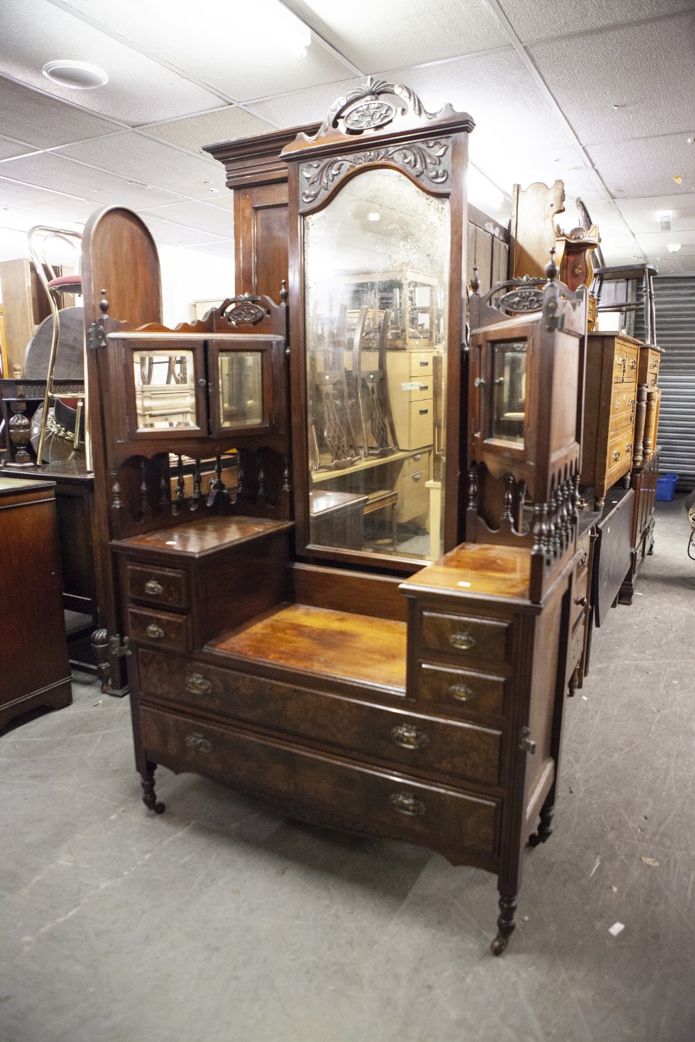 VICTORIAN CARVED TWO TONE WALNUTWOOD BEDROOM SUITE OF THREE PIECES, VIZ A WARDROBE WITH TWO MIRROR
