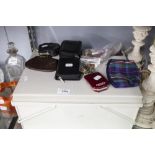 A MODERN SEWING BOX WITH CONTENTS, CONCERTINA TRAY WITH A SELECTION OF LADIES PURSES, A LIGHTER,