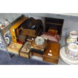 VARIOUS WOODEN BOXES TO INCLUDE; TEA CADDY, WOODEN CUTLERY TRAY, BAROMETER ETC......