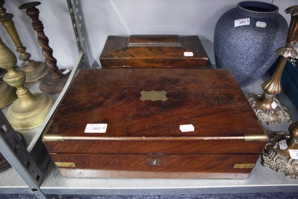 LATE VICTORIAN MAHOGANY AND BRASS BOUND PORTABLE WRITING SLOPE WITH PLUSH LINED SLOPE, 16" WIDE