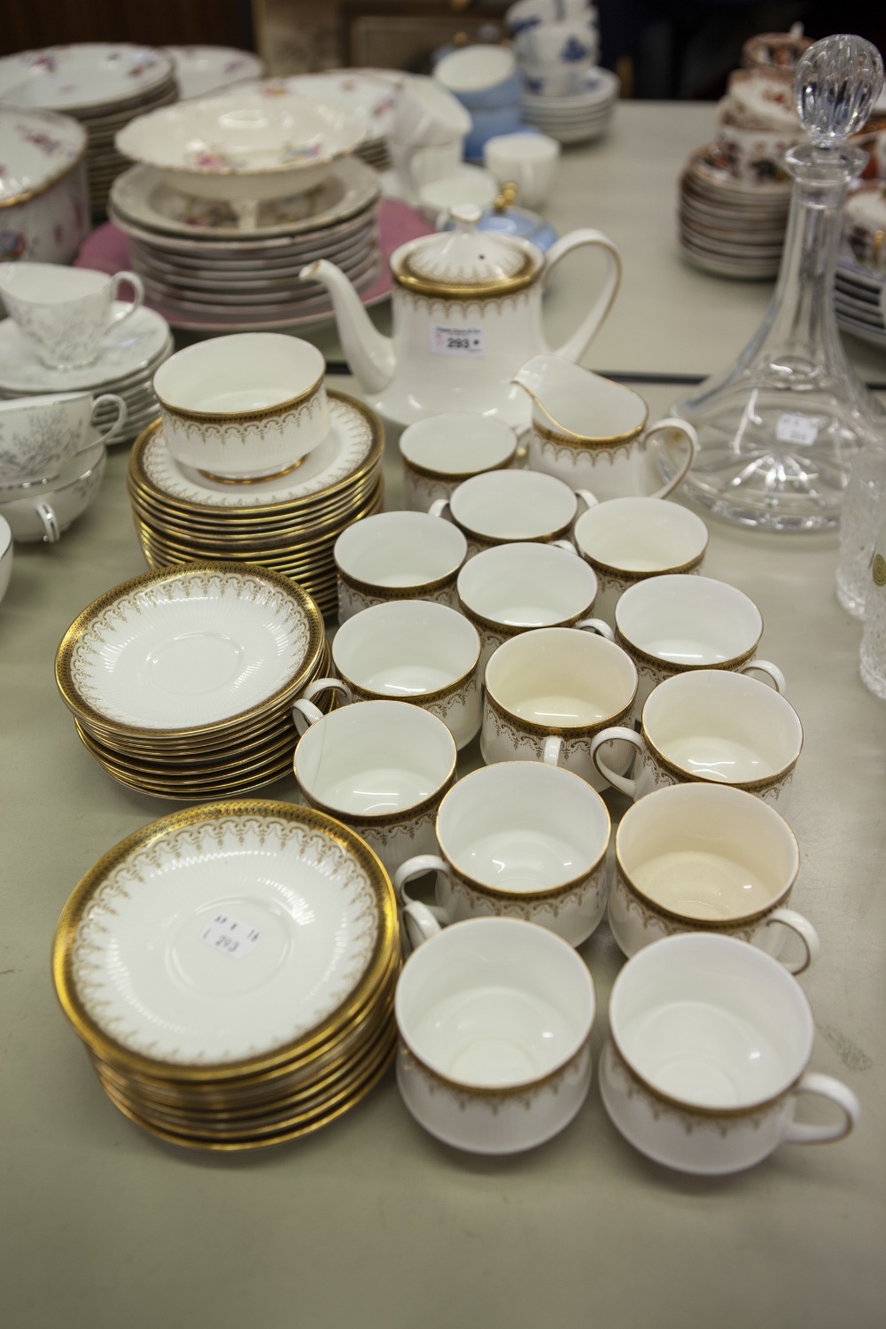 PARAGON 'ATHENA' PATTERN WHITE CHINA TEA SERVICE WITH PRINTED AND GILT AND BLUE BANDED BORDERS,