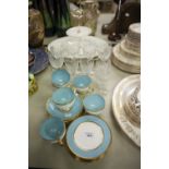 WEDGWOOD BONE CHINA TEA SET FOR SIX PERSONS, TURQUOISE AND WHITE WITH GILT EDGES, 18 PIECES, NINE
