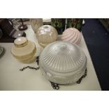 EARLY TWENTIETH CENTURY FLUTED CIRCULAR FROSTED GLASS BOWL LIGHT SHADE WITH FESTOON EMBOSSED BORDER,