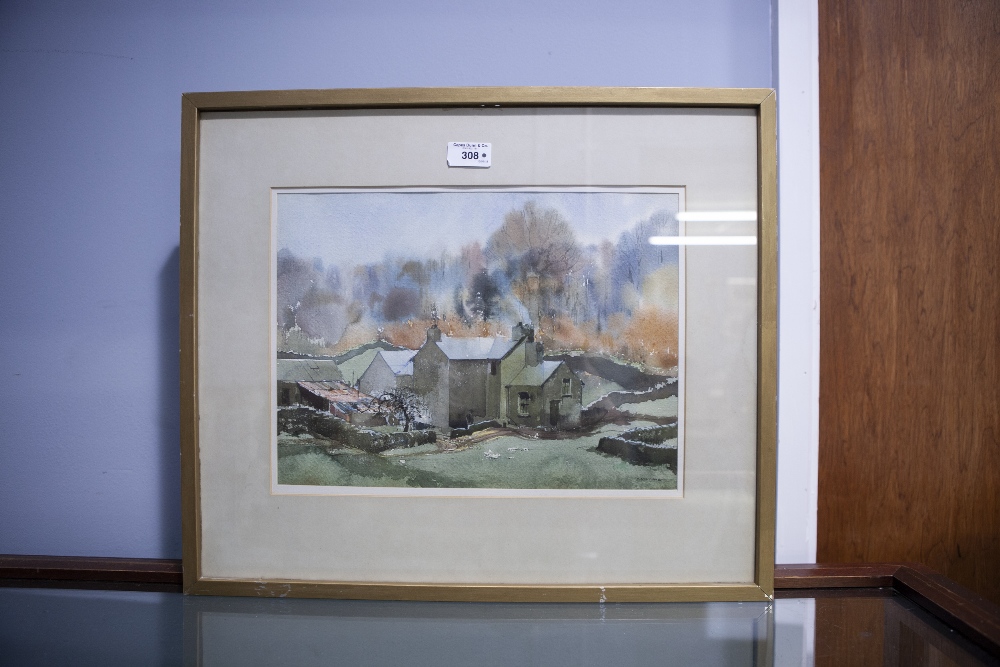 E.SCOTT JONES (TWENTIETH CENTURY) WATERCOLOUR DRAWING 'Lakeland Farm' Signed, titled to a '