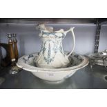 A VICTORIAN WASH BOWL AND JUG SET, WHITE GLAZED WITH BLUE DETAIL, MARKED COVENTRY