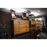 VICTORIAN DRESSING CHEST WITH TRIPLE MIRROR AND A SMALL MARBLED TOPPED BEDSIDE TABLE, WITH TWO