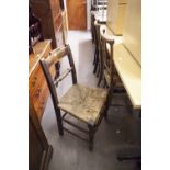 NINETEENTH CENTURY OAK SINGLE DINING CHAIR WITH RUSH SEAT, AND FOUR OTHERS, (5)