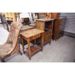 A MAHOGANY INLAID STAND WITH FALL FRONT TO REVEAL A PERIODICAL RACK (LACKS UPPER DOOR), A MAHOGANY