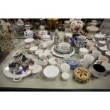 SUNDRY POTTERY AND CHINA VARIOUS INCLUDES MUGS, WITH POLITICAL SLANT, TWO-TIER CHINA CAKE STAND,