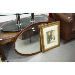 LARGE OVAL BEVELLED EDGE WALL MIRROR AND A WELL CARVED EDWARDIAN FRAME WITH PORTRAIT PHOTOGRAPH