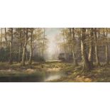 MODERN CONTINENTAL SCHOOL OIL PAINTING ON CANVAS FOREST SCENE WITH POND AND HUT 20" X 40"