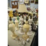 THREE MARBLE ELECTRIC TABLE LAMPS AND A PAIR OF CARVED WOODEN TABLE LAMPS (5) OAK NAPOLEONS HAT