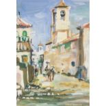 ROBERT BINDLOSS (b.1939) GOUACHE DRAWING Spanish street scene with man on donkey Signed 13" x 9" (