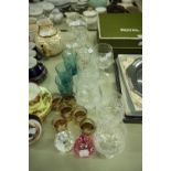 SIX VARIOUS BRANDY BALLOONS, PEDESTAL SWEETMEAT DISH AND DOMED COVER, GLASS SHIP IN A BOTTLE,