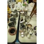 QUANTITY OF METAL WARES TO INCLUDE; HAMMERED PEWTER HIP FLASK, TANKARDS, VASES, CANDLE HOLDERS