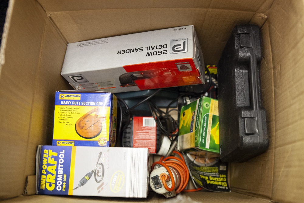 ONE BOX OF ELECTRIC TOOLS TO INCLUDE; WOLF ELECTRIC GRINDER, BLACK AND DECKER PLANE, PERFORMANCE