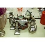 PAIR OF 'HOMELAND' PEWTER VASES, TWO CANDLESTICKS AND OTHER ITEMS