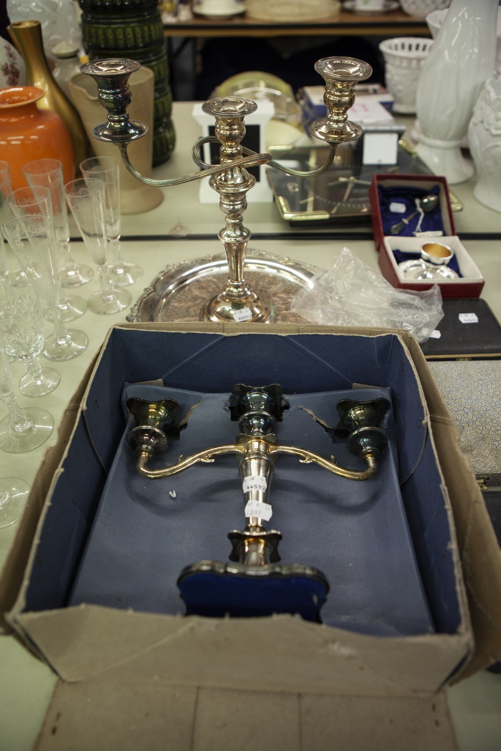 ELECTROPLATE CANDELABRA WITH SCROLL ARM (BOXED) ANOTHER CANDELABRUM AND A VINERS ELECTROPLATE